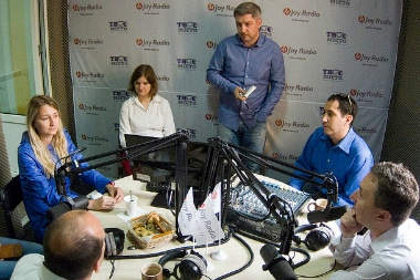 community discussion at a Ukraine radio station