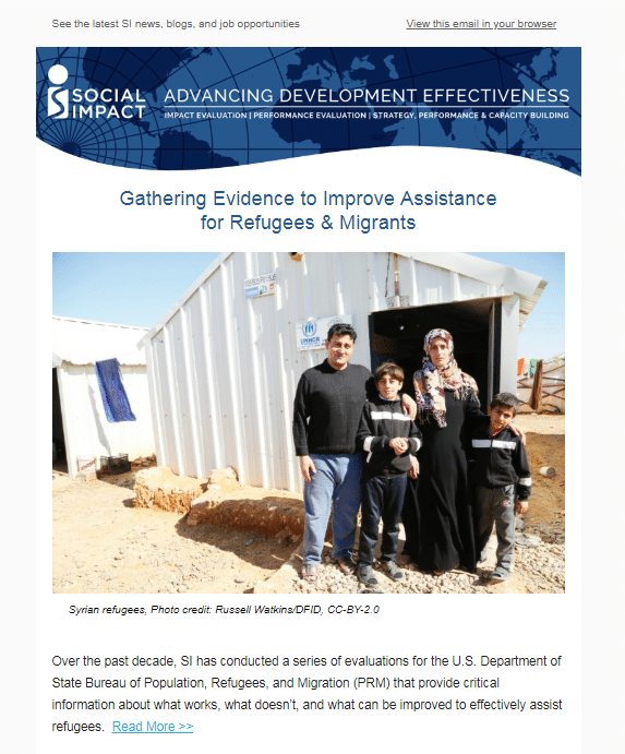 Social Impact Spring Newsletter featuring Gathering Evidence to Improve Assistance for Refugees & Migrants blog