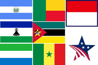Collage of seven national flags.