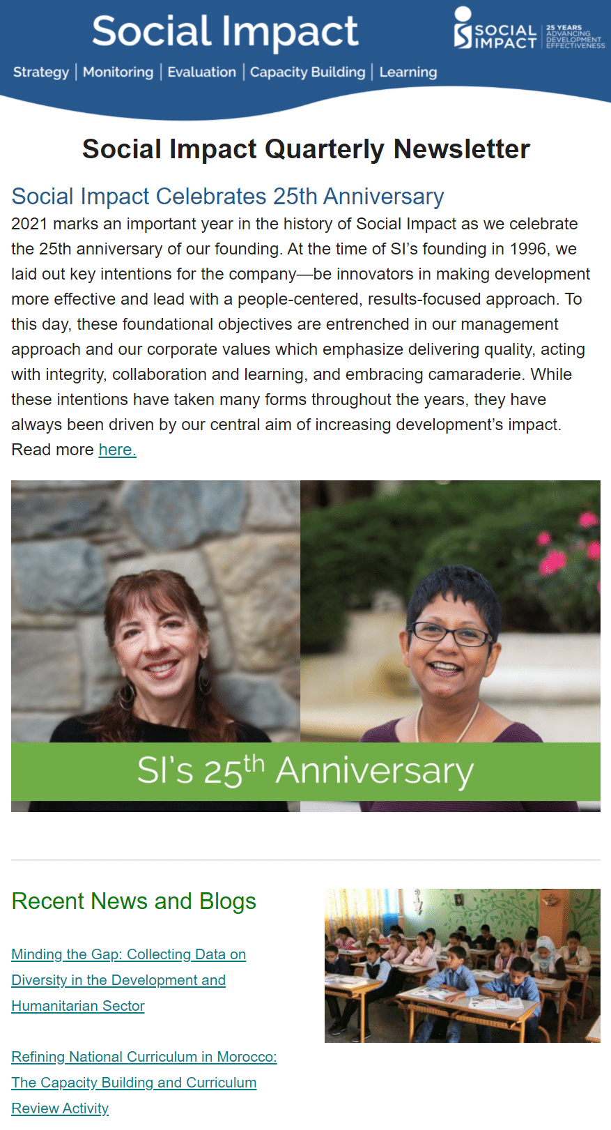 Social Impact Quarterly Newsletter featuring the S.I. Celebrates 25th Anniversary blog.