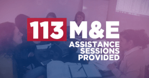 Video slide noting 113 monitoring and evaluation assistance sessions provided.