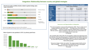 Graphic of tables related to global strategies and quotations highlighting successes and opportunities in integration.