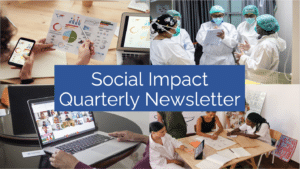 Quarterly newsletter banner with image of video call over laptop, people gathered in a medical room, people gathered in a meeting room, and hands holding up a paper of graphics with data